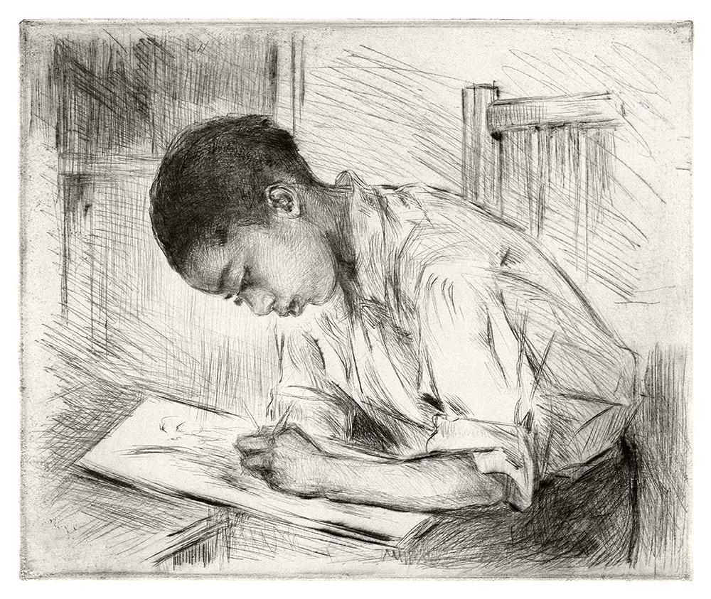 Young Negro Drawing Vintage Copper Plate Etching by Mathilde de Cordoba WPA