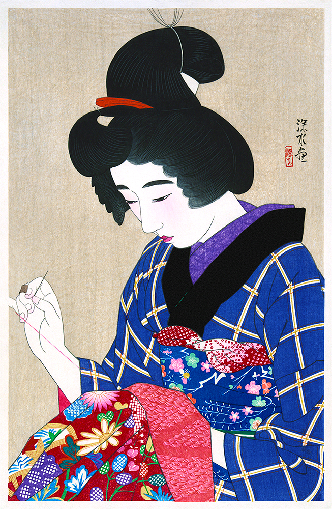 Hari shigoto, Sewing, Restored Antique Ukiyo-e Woodblock Print by Ito Shinsui